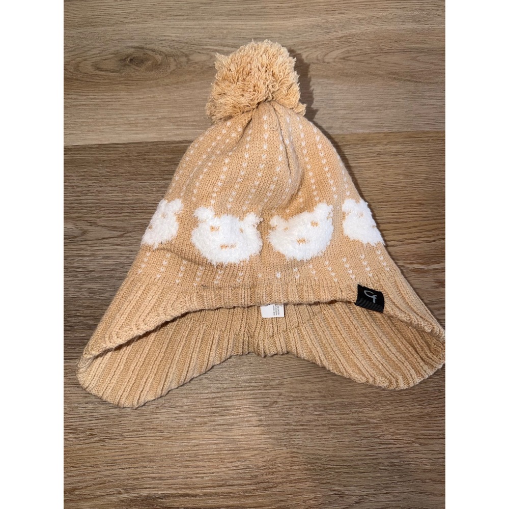 Toddler Bearcub Peruvian Style winter Hat Tan Knit Pom Pom Beanie 2-4
